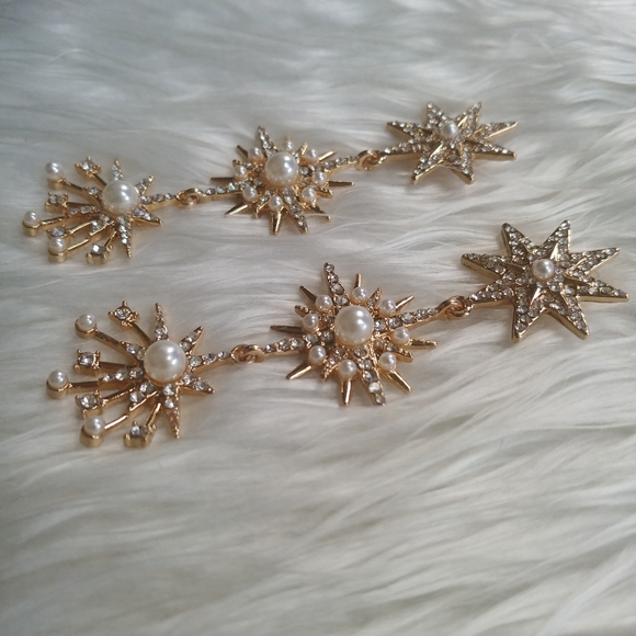 Gold Pearl Crystal Star Burst 3 Tier Drop Earrings - Picture 5 of 11